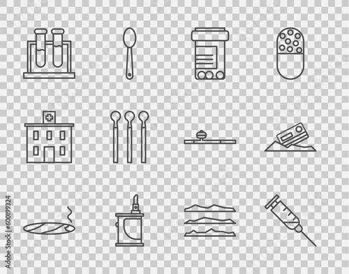 Set line Cigar with smoke, Syringe, Medicine bottle and pills, Electronic cigarette, Test tube flask, Matches, Cocaine or heroin drug and credit card icon. Vector