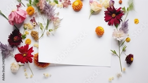 Top view blank card with flowers Abstract organic flowers Blooming floral on white background