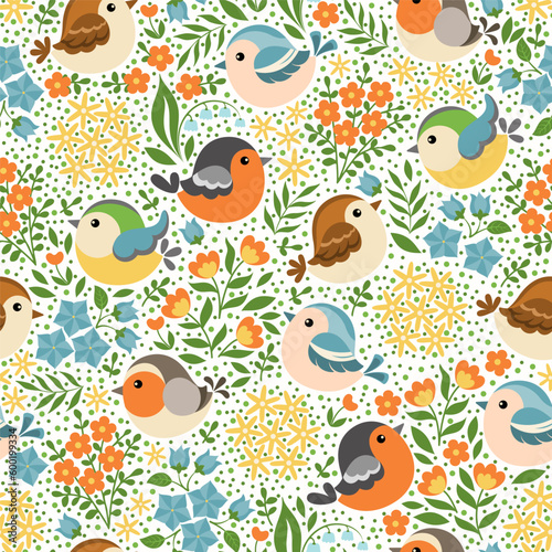 Seamless pattern  spoonflower style. Different spring birds on flower background. Vector illustration.