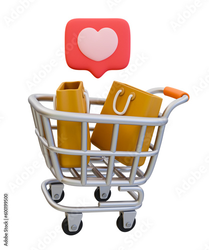 3d minimal shopping concept. shopping addicted. shopping cart with shopping bags and love icon. 3d illustration. photo