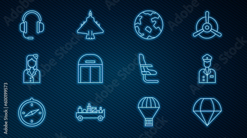 Set line Parachute, Pilot, Worldwide, Aircraft hangar, Stewardess, Headphones with microphone, Airplane seat and Jet fighter icon. Vector