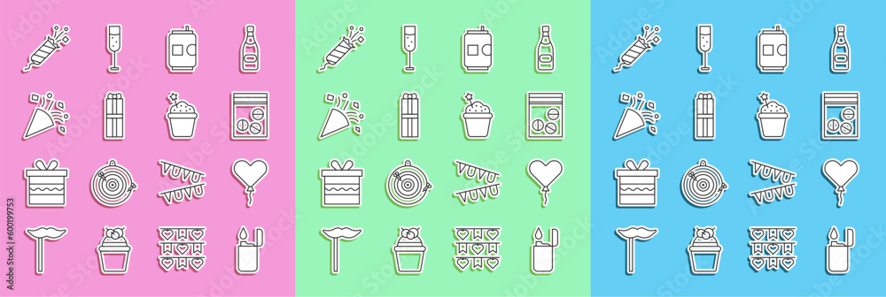 Set line Lighter, Balloon in form of heart, Plastic bag drug, Beer can, Gift box, Festive confetti, Firework rocket and Cake icon. Vector Set line Lighter, Balloon in form of heart, Plastic bag drug, Beer can, Gift box, Festive confetti, Firework rocket and Cake icon. Vector