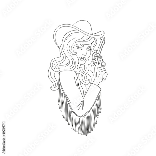 Beautiful cool cowgirl with a gun in retro leather jacket. Linear Vector illustration isolated on white.