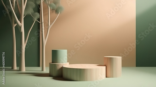 Wooden cylinder pedestal product display stand or podium for cosmetic. Generative Ai