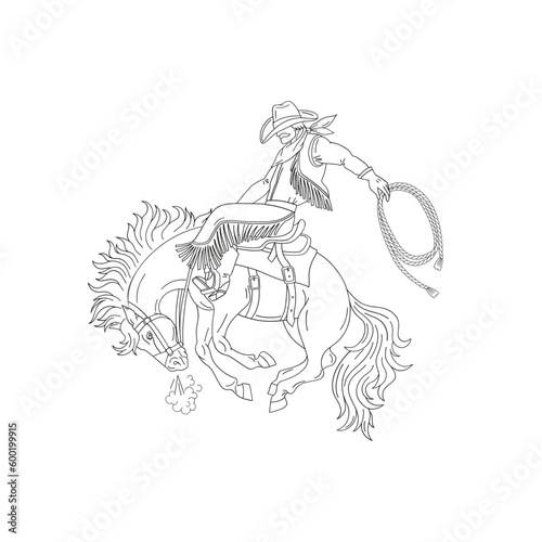 Cowboy rodeo on wild horse. Linear Vector illustration isolated on white. 