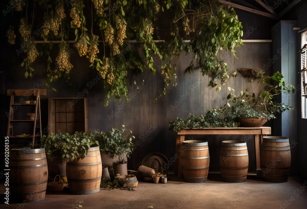 eucalyptus plants hanging from a wooden background with buckets