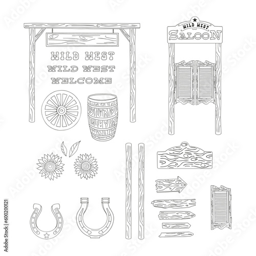 Wooden saloon elements. Entrance door, gates, sunflower, barrel, wheel, horseshoe. Linear vector illustration set isolated on while