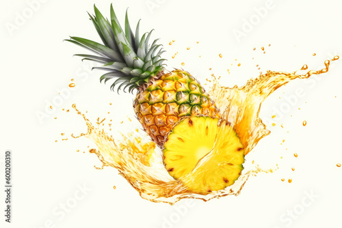 Fresh ripe pineapple with pineapple juice splash wave on white background. Generative AI.