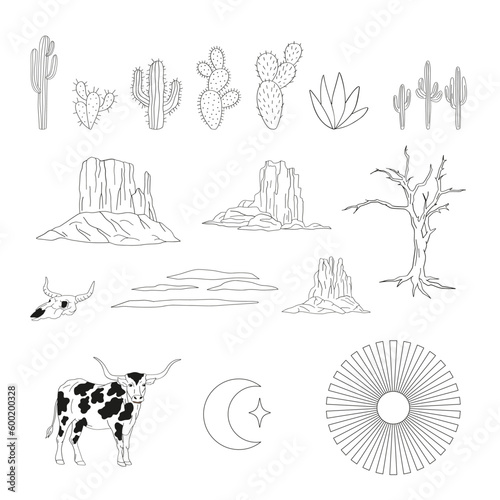 Western desert nature landscape elements. Mountain, cactus, dry tree, cow. Linear Vector illustration set isolated on white.