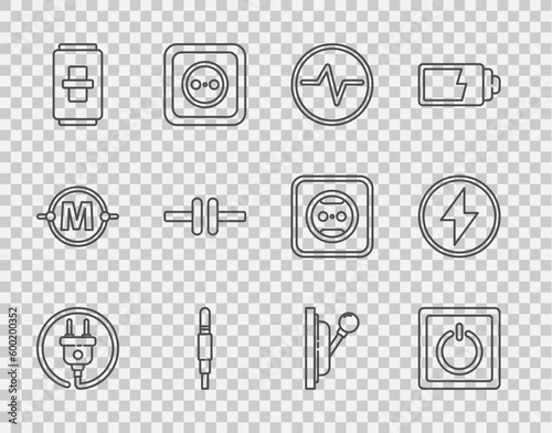 Set line Electric plug, light switch, circuit scheme, Audio jack, Electrical panel and Lightning bolt icon. Vector