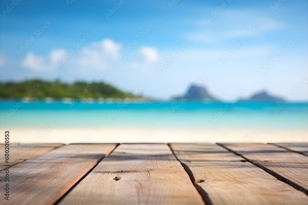 Empty rustic wood table in a tropical island with palms and blurred background, ai generative illustration