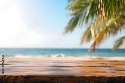 Empty rustic wood table in a tropical beauty island with palms and blurred background, ai generative illustration