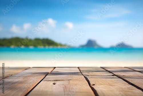 Empty rustic wood table in a tropical island with palms and blurred background  ai generative illustration