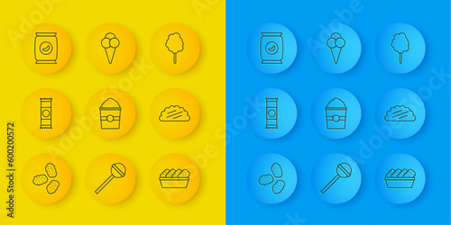 Set line Chicken nuggets, Chocolate bar, Popcorn in box, Taco with tortilla, Bag packet potato chips, Cotton candy and Ice cream waffle cone icon. Vector