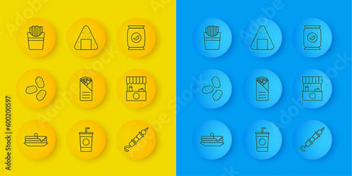 Set line Stack of pancakes, Chicken nuggets, Doner kebab, Grilled shish, Street stall with awning, Potatoes french fries box, Bag or packet potato chips and Onigiri icon. Vector