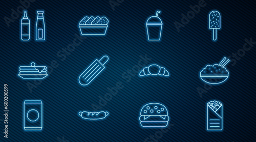 Set line Doner kebab, Rice in bowl with chopstick, Milkshake, French hot dog, Stack of pancakes, Sauce bottle, Croissant and Chicken nuggets box icon. Vector