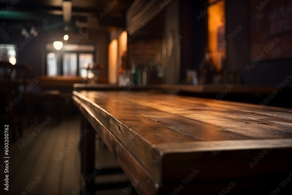 Empty rustic wood table in an old pub, blurred background, ai generative illustration Empty rustic wood table in an old pub, blurred background, ai generative illustration