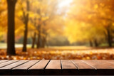 Empty rustic wood table in a wood in autumn with blurred background, ai generative illustration