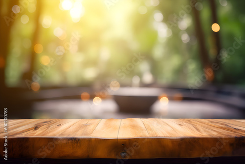 Empty rustic wood table in an outdoor spa, blurred background, ai generative illustration