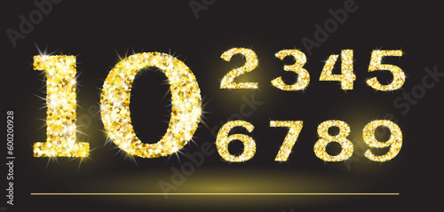 Realistic shining golden glitter numbers 1, 2, 3, 4, 5, 6, 7, 8, 9, 0. Set of isolated vector objects one, two, three, four, five, six, seven, eight, nine, zero for decoration, celebration design.