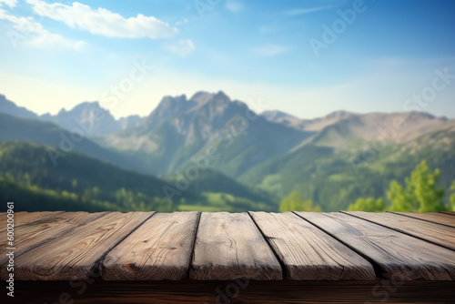 Empty rustic wood table in the nature with blurred mountain on background, ai generative illustration