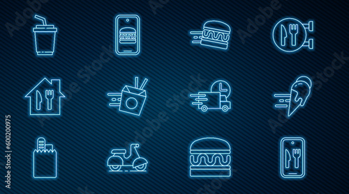 Set line Online ordering and delivery, ice cream, burger, noodles, Paper glass with water, Fast by car and icon. Vector