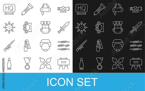 Set line Military mine, Barbed wire, Sword, Swiss army knife, Brass knuckles, Naval, headquarters and Hiking backpack icon. Vector