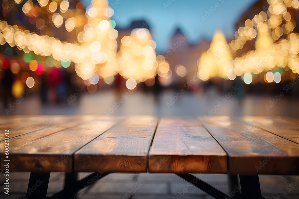 Empty wood table in a christmas market with blurred background, ai generative illustration Empty wood table in a christmas market with blurred background, ai generative illustration