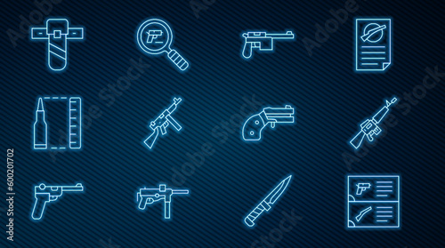Set line Weapon catalog, M16A1 rifle, Mauser gun, Tommy, Bullet, Knife holster, Small revolver and Pistol or search icon. Vector