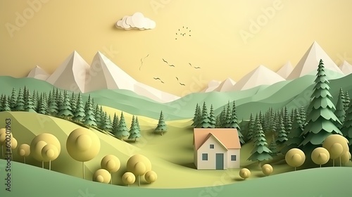 Fototapeta Naklejka Na Ścianę i Meble -  3d paper cut forest landscape mountain paper cut style natural landscape scene illustration