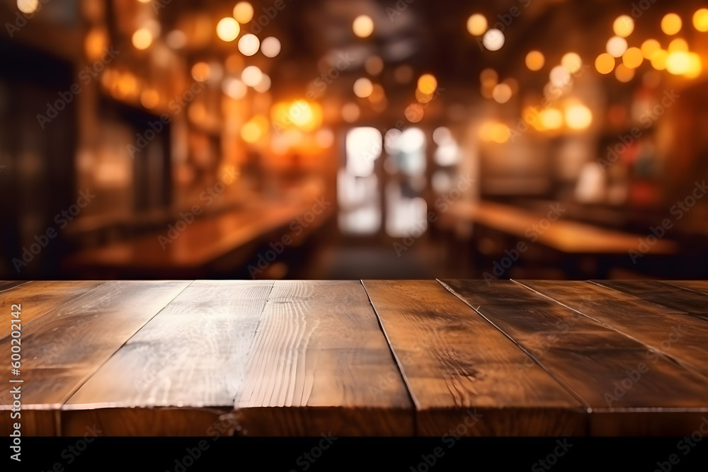 Empty wood table in a pub, blurred background, ai generative illustration