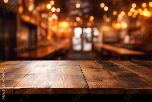 Empty wood table in a pub, blurred background, ai generative illustration