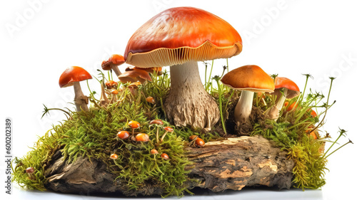 Vertical selective focus closeup of the mushrooms in their natural environment. Generative Ai