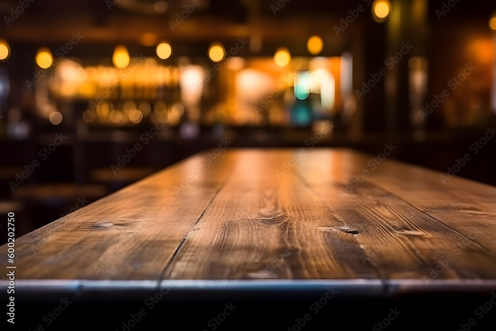 Empty wood table in an old pub, blurred background, ai generative illustration