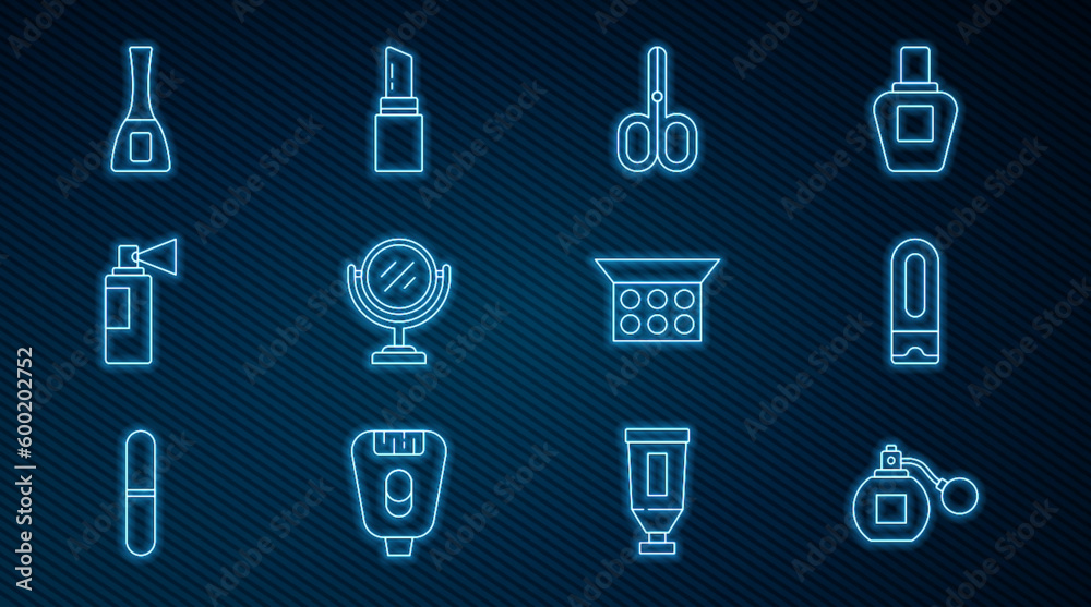 Set line Perfume, Bottle of shampoo, Scissors, Round makeup mirror, Nail polish bottle, Makeup powder with and Lipstick icon. Vector Set line Perfume, Bottle of shampoo, Scissors, Round makeup mirror, Nail polish bottle, Makeup powder with and Lipstick icon. Vector
