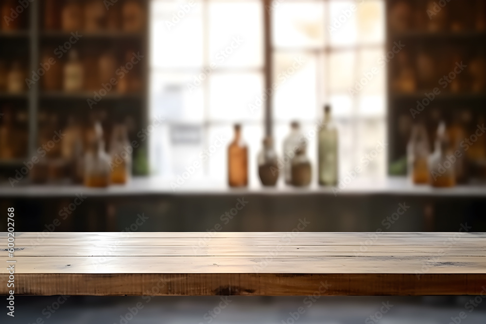 Empty wood table in an old sunny pharmacy, blurred background, ai generative illustration