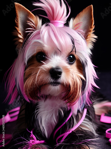 This adorable Yorkshire Terrier is rocking a unique hairstyle with pink and black hair! Ideal for any dog grooming or hairdressing business looking to stand out from the crowd! Ai generated