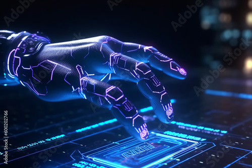 3d rendered cyber technology, virtual reallity gloves control, scientific future conzept, neon lights blue wallpaper with abstrakt background and bokeh lights, generative ai photo