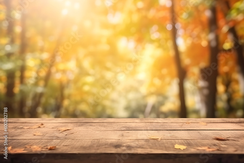 Empty wood table in autumn with blurred background  ai generative illustration