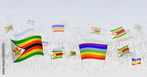 People waving Peace flags and flags of Zimbabwe. Illustration of throng celebrating or protesting with flag of Zimbabwe and the peace flag.