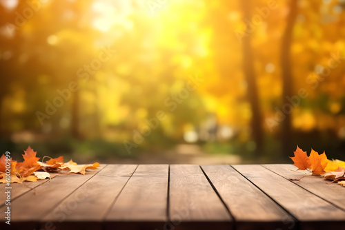 Empty wood table in sunny autumn with blurred background  ai generative illustration