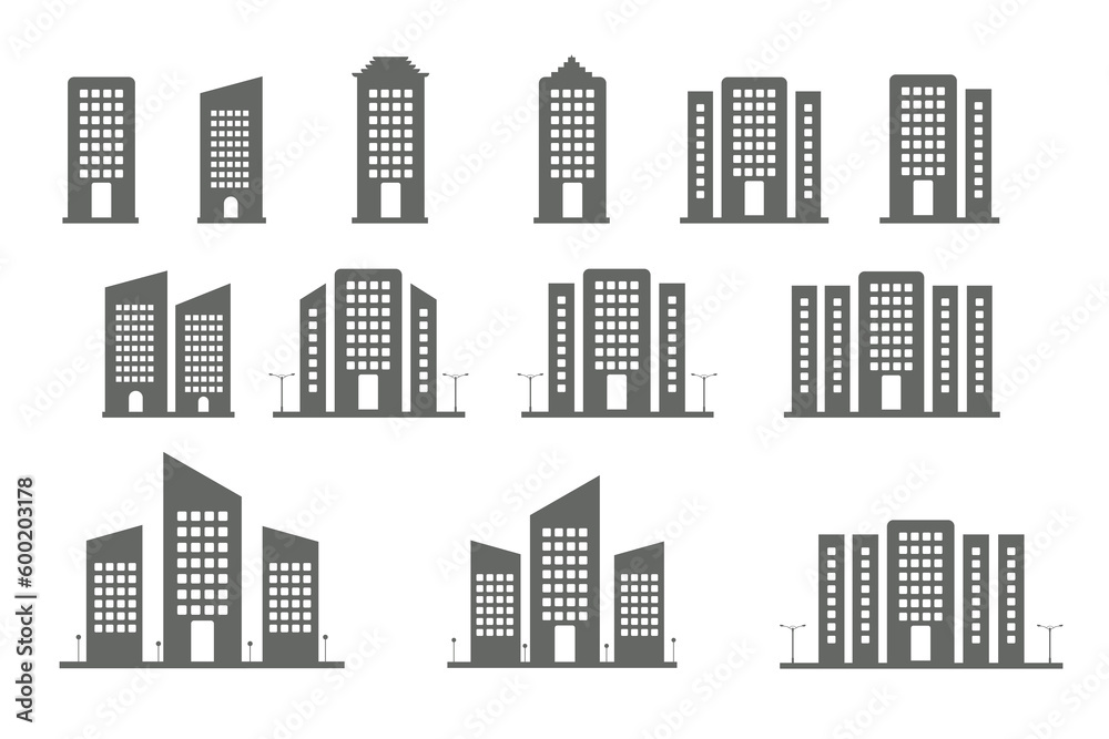 Building line icons. Modern offices hotels and cityscaps with skyscrapers business centers and towerhouses vector building