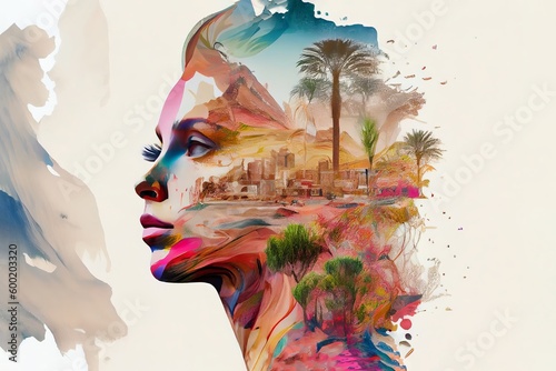 Generative AI illustration of female portrait with desert town
