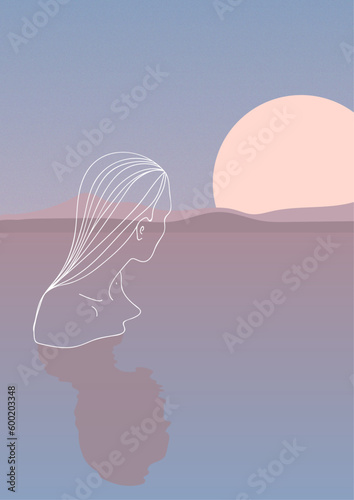 Female silhouette with lines on the background of the sea