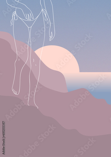 Female silhouette with lines on the background of the sea