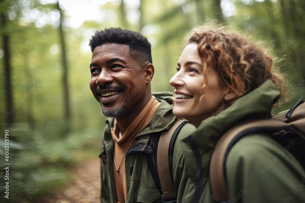 Mixed race couple of hikers walking by forest,. Generative ai Mixed race couple of hikers walking by forest,. Generative ai