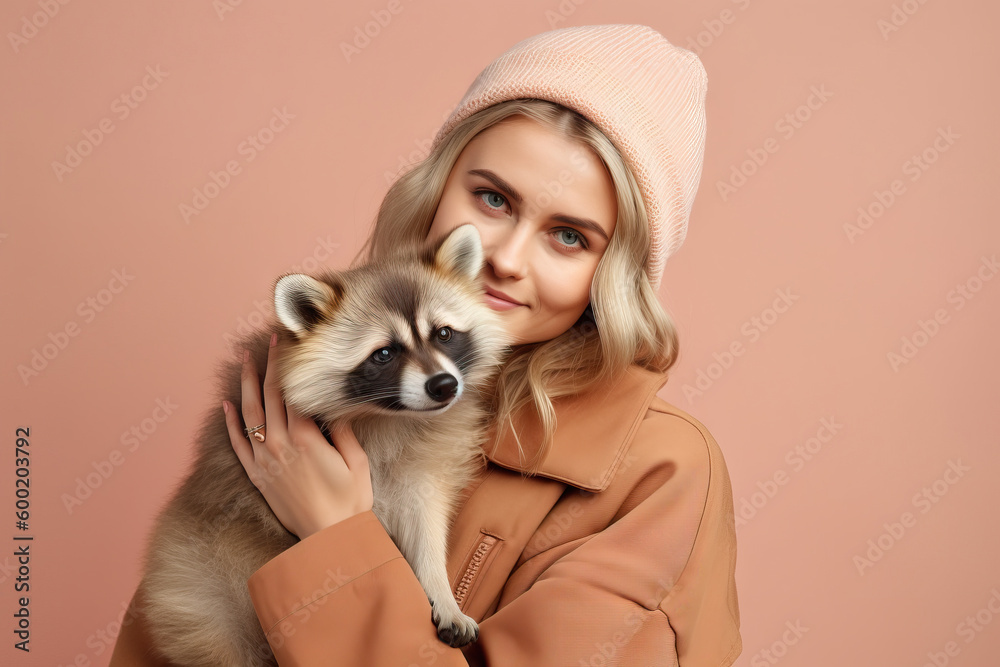 young attractive woman hugging racoon in hands, color trendy background. Generative AI young attractive woman hugging racoon in hands, color trendy background. Generative AI