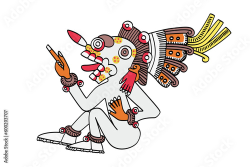 Mictlantecuhtli, Aztec god of the dead and king of Mictlan, the lowest underworld section. In Codex Borgia depicted as a toothy skull wearing person. The worship ritual sometimes involved cannibalism.