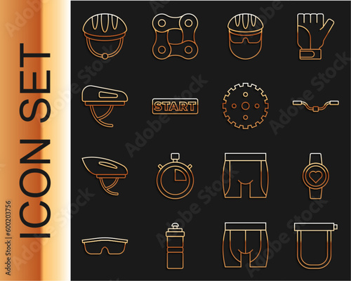 Set line Bicycle lock, Smart watch, handlebar, helmet, Ribbon in finishing line, and sprocket crank icon. Vector