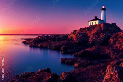 A lighthouse perched on a hill overlooking the beach at colorful sunset, long exposure smooth water, generative AI